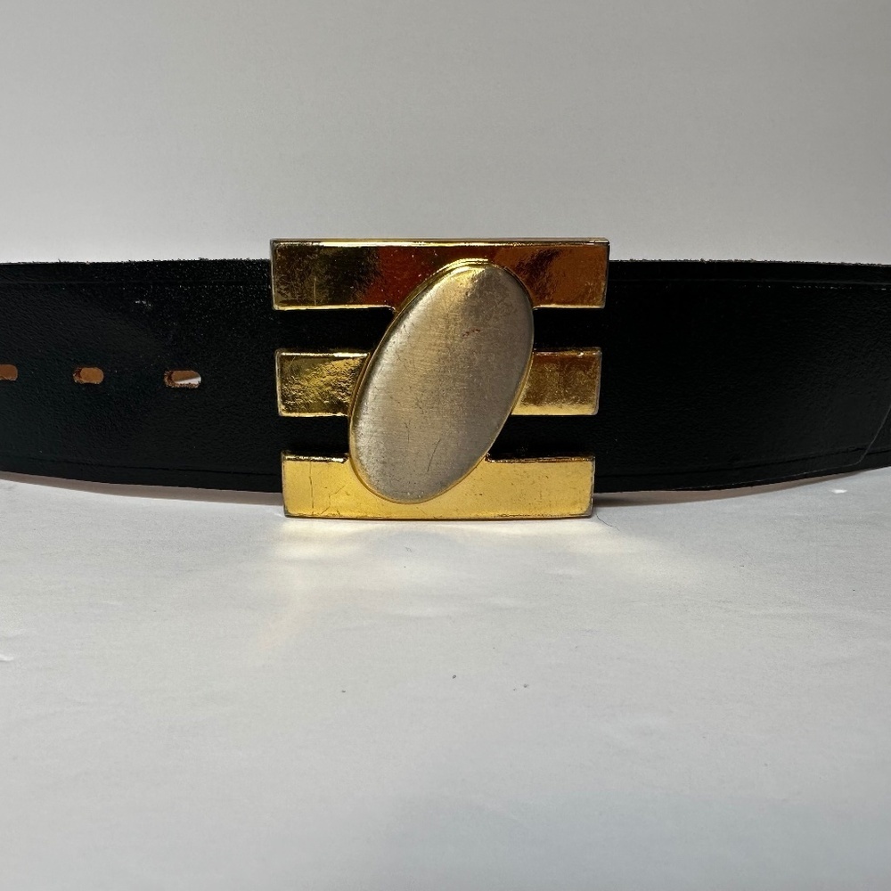 Vintage Genuine Leather Black Belt Gold Statement Buckle Size 36